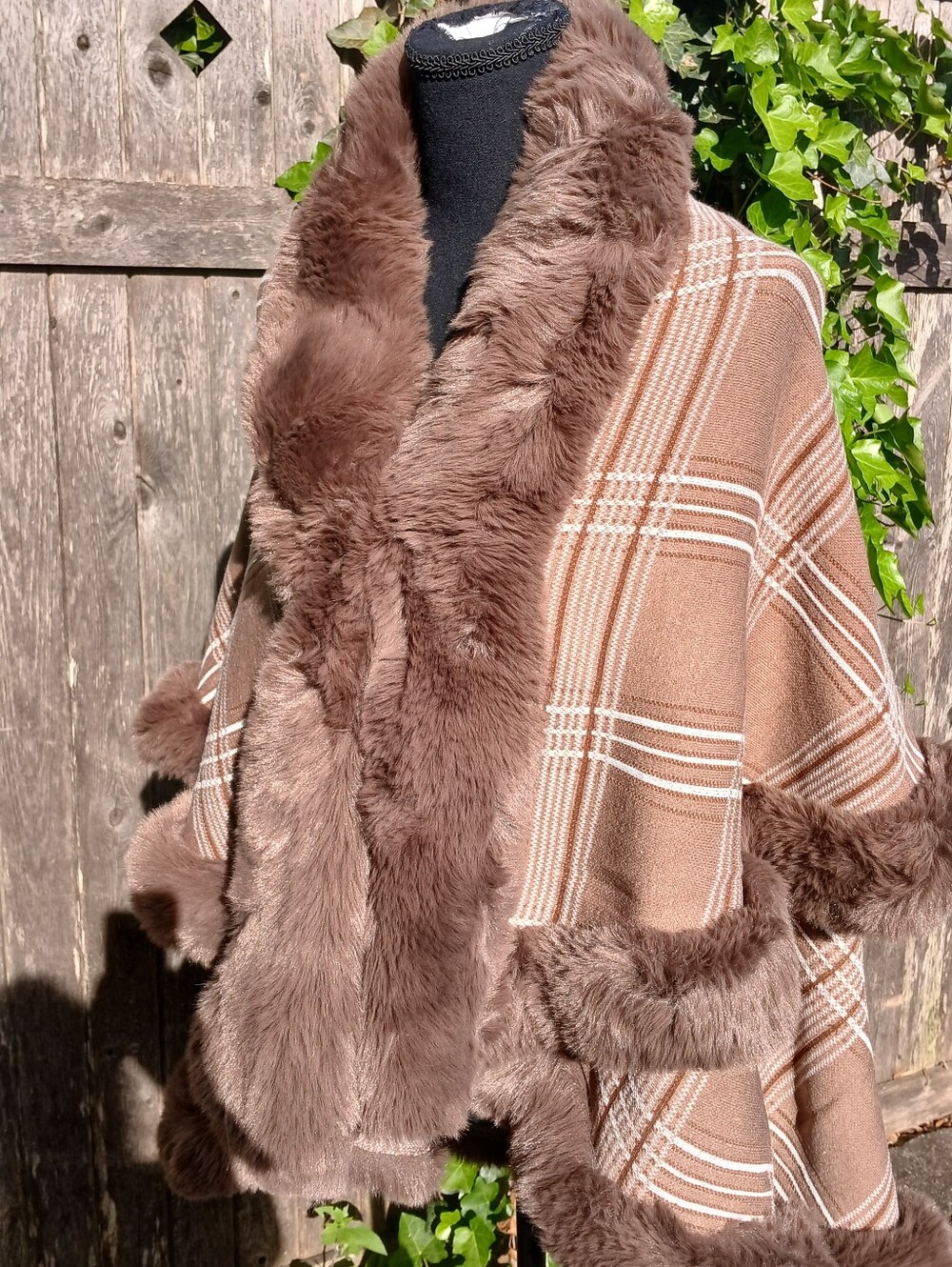 Magnificent Mocha Plaid Wrap Jacket With Faux Fur Accents - Picture 4 of 16